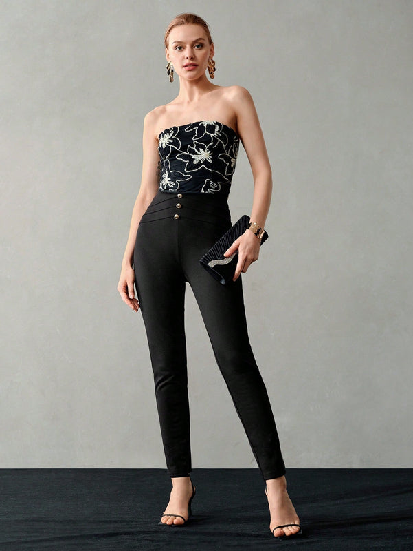 MOTF PREMIUM Pantalones ajustados de detalle de boton dorado solido para verano