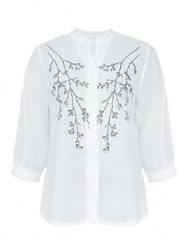 Camisa de mujer de verano casual con cuello con muescas, estampado y botones en la parte delantera