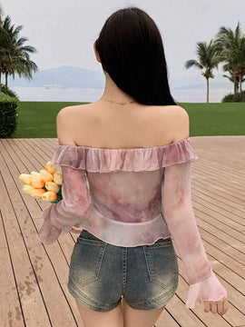 DAZY Blusa para mujer con dobladillo irregular, volantes y tenida con forma de lazo, manga larga y hombros descubiertos