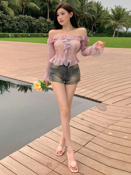 DAZY Blusa para mujer con dobladillo irregular, volantes y tenida con forma de lazo, manga larga y hombros descubiertos
