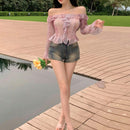 DAZY Blusa para mujer con dobladillo irregular, volantes y tenida con forma de lazo, manga larga y hombros descubiertos