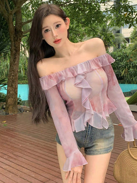 DAZY Blusa para mujer con dobladillo irregular, volantes y tenida con forma de lazo, manga larga y hombros descubiertos