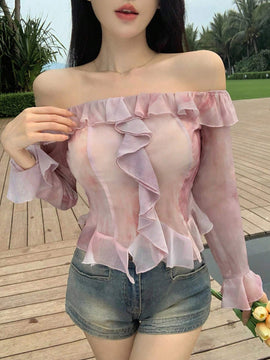 DAZY Blusa para mujer con dobladillo irregular, volantes y tenida con forma de lazo, manga larga y hombros descubiertos