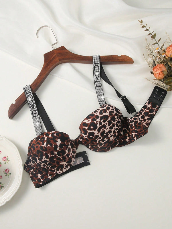 Sujetador con estampado de leopardo con cinta con letra con aro