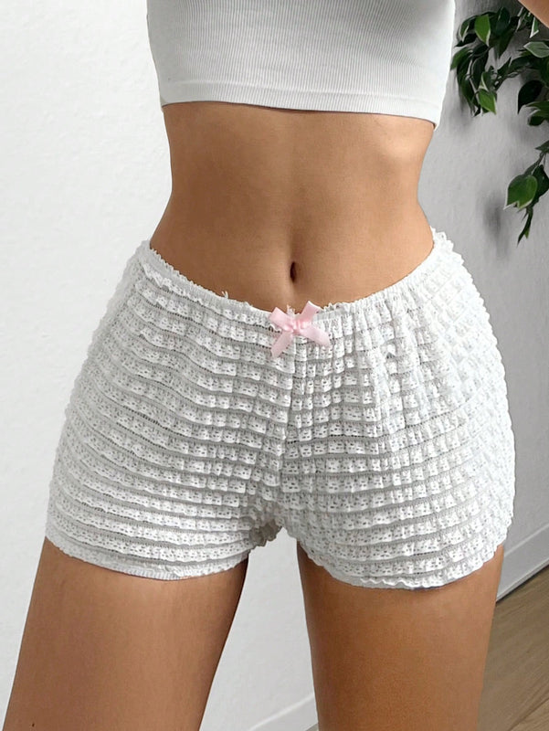 EZwear Shorts de cintura baja para mujer con detalles de lazo y dobladillo decorado con volantes, shorts de botin