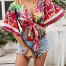VCAY Camisa casual para mujeres con lazo delantero y mangas acampanadas para vestimenta de vacaciones