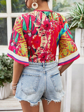 VCAY Camisa casual para mujeres con lazo delantero y mangas acampanadas para vestimenta de vacaciones