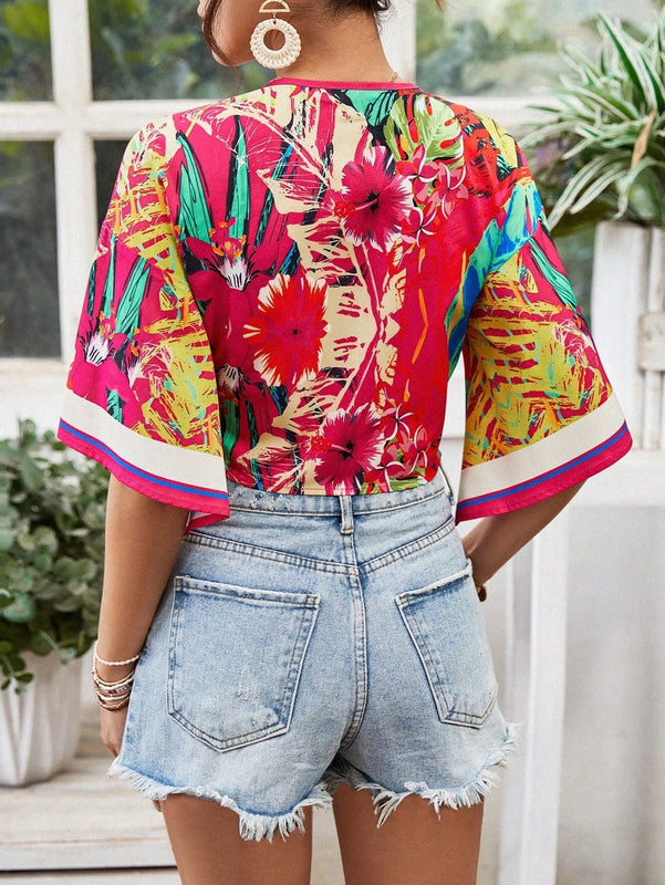 VCAY Camisa casual para mujeres con lazo delantero y mangas acampanadas para vestimenta de vacaciones