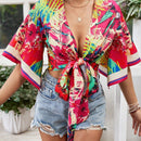 VCAY Camisa casual para mujeres con lazo delantero y mangas acampanadas para vestimenta de vacaciones