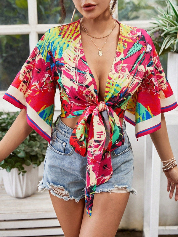 VCAY Camisa casual para mujeres con lazo delantero y mangas acampanadas para vestimenta de vacaciones