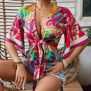 VCAY Camisa casual para mujeres con lazo delantero y mangas acampanadas para vestimenta de vacaciones
