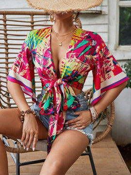 VCAY Camisa casual para mujeres con lazo delantero y mangas acampanadas para vestimenta de vacaciones