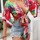 VCAY Camisa casual para mujeres con lazo delantero y mangas acampanadas para vestimenta de vacaciones