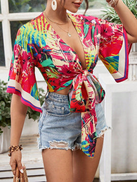 VCAY Camisa casual para mujeres con lazo delantero y mangas acampanadas para vestimenta de vacaciones