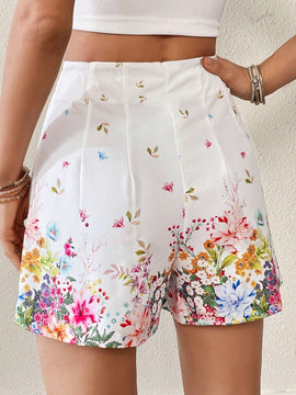 Essnce Pantalones cortos estampados florales para mujeres con fruncido, ideales para vacaciones y tiempo libre
