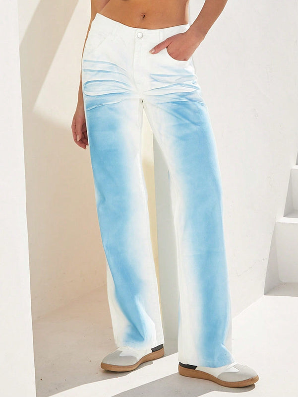Forever 21 Jeans informales de pierna ancha con degradado tenido en tonos azules y blancos