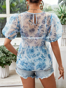 VCAY Blusa holgada de manga corta con estilo vacacional para mujer, con tejido de tela de brodshcloth tejido y cuello redondo