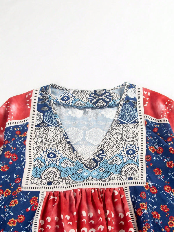 Top holgado retro de ropa impresa con cuello en V y punos de manga suelta para mujer
