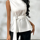 Prive Camisa casual sin mangas para mujer con cinturon decorativo hebilla en la cintura, para verano
