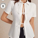 Camisas de mujer Camisa blanca solida Blusa con lazo delanteroAprieta la cintura Ropa de oficina Vestidos casuales para mujeres Blusa blanca de algodon Camisa blanca Cardigan de verano Top blanco Atuendo para fiesta de te