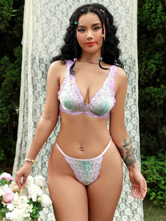 Eraneu Conjunto de sujetador sin cables y tanga de encaje degradado