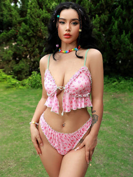 Eraneu Conjunto de ropa interior para mujeres con estampado de malla (sin alambre, con braguitas triangulares)