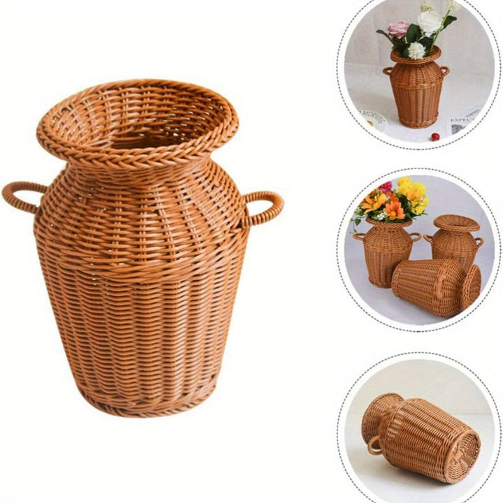 Jarrón de imitación ratán en forma de cuerno vintage, maceta alta de plástico tejido para arreglos florales