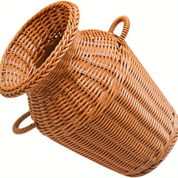 Jarrón de imitación ratán en forma de cuerno vintage, maceta alta de plástico tejido para arreglos florales