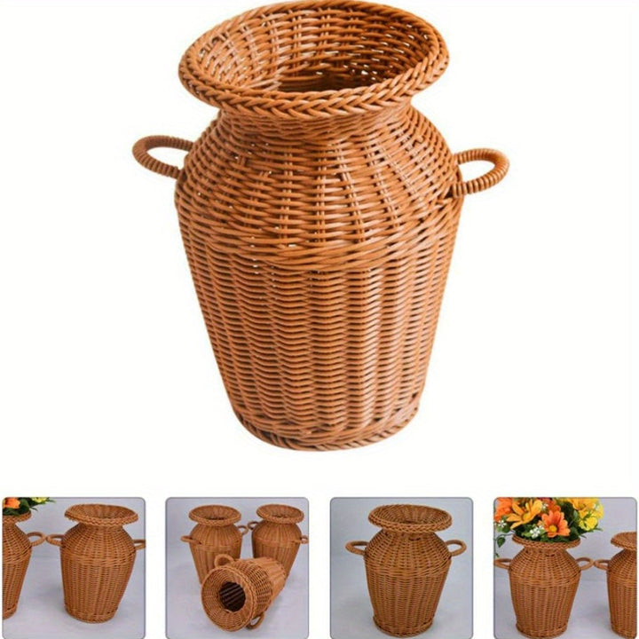 Jarrón de imitación ratán en forma de cuerno vintage, maceta alta de plástico tejido para arreglos florales
