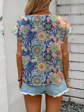 LUNE Camisa casual y sencilla para mujer con estampado completo y escote en V, adecuada para el verano