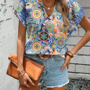 LUNE Camisa casual y sencilla para mujer con estampado completo y escote en V, adecuada para el verano