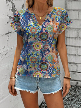 LUNE Camisa casual y sencilla para mujer con estampado completo y escote en V, adecuada para el verano