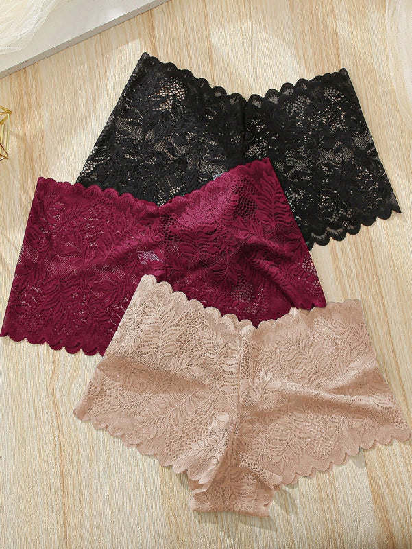 FINETOO 3 piezas de panties sexys de encaje completo de unicolor con angulo plano