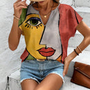 Camisa informal de cuello en V para mujer con estampado completo de retrato, adecuada para el verano