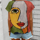 Camisa informal de cuello en V para mujer con estampado completo de retrato, adecuada para el verano