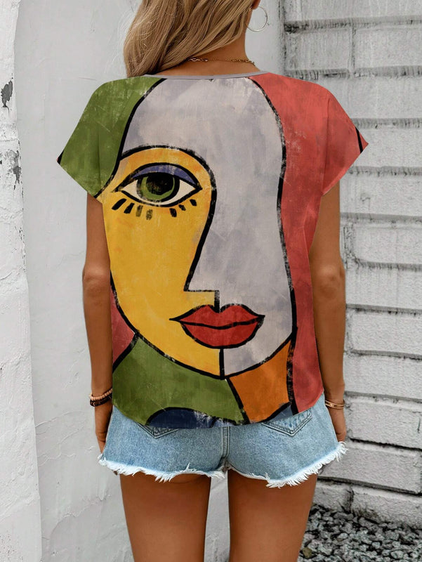 Camisa informal de cuello en V para mujer con estampado completo de retrato, adecuada para el verano