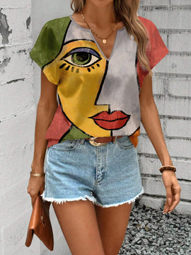 Camisa informal de cuello en V para mujer con estampado completo de retrato, adecuada para el verano
