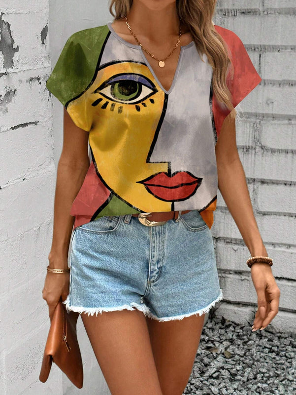 Camisa informal de cuello en V para mujer con estampado completo de retrato, adecuada para el verano