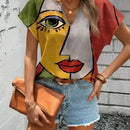 Camisa informal de cuello en V para mujer con estampado completo de retrato, adecuada para el verano