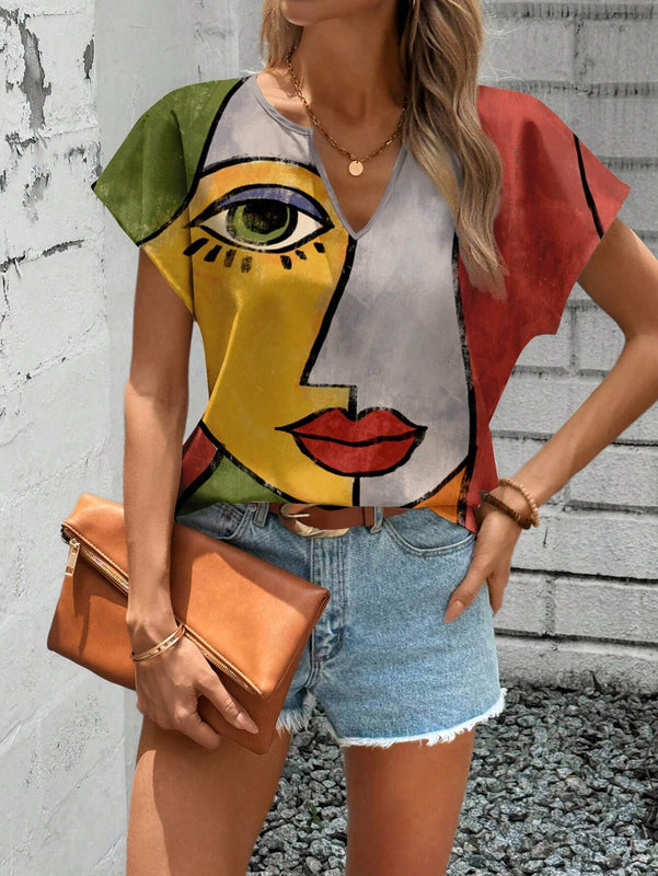 Camisa informal de cuello en V para mujer con estampado completo de retrato, adecuada para el verano