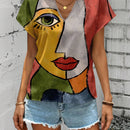 Camisa informal de cuello en V para mujer con estampado completo de retrato, adecuada para el verano