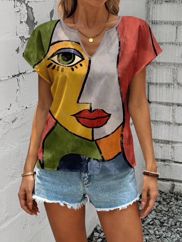 Camisa informal de cuello en V para mujer con estampado completo de retrato, adecuada para el verano