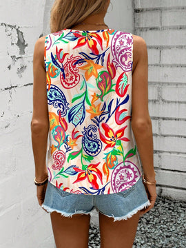LUNE Blusa casual y sencilla sin mangas con cuello en V y estampado de flores paisley, adecuada para el verano