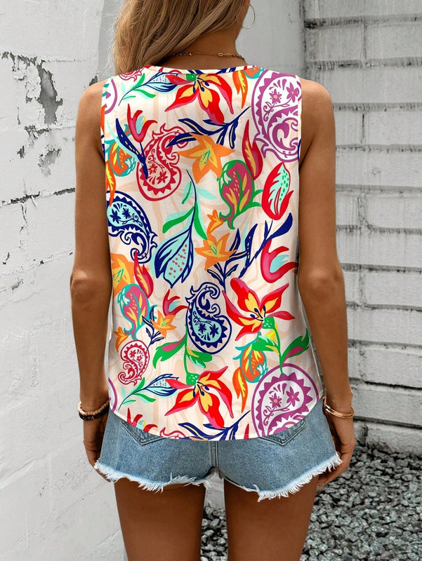 LUNE Blusa casual y sencilla sin mangas con cuello en V y estampado de flores paisley, adecuada para el verano