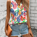 LUNE Blusa casual y sencilla sin mangas con cuello en V y estampado de flores paisley, adecuada para el verano