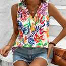 LUNE Blusa casual y sencilla sin mangas con cuello en V y estampado de flores paisley, adecuada para el verano