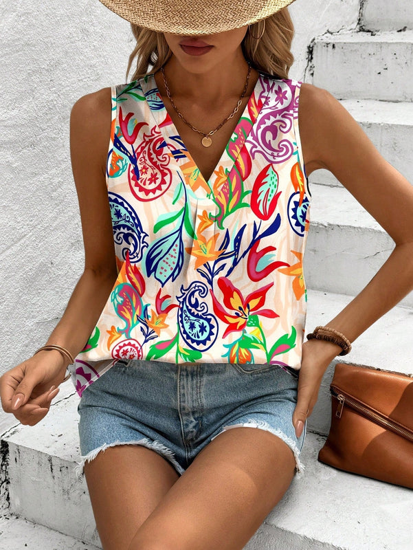 LUNE Blusa casual y sencilla sin mangas con cuello en V y estampado de flores paisley, adecuada para el verano