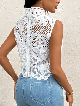 Prive Blusa sin mangas elegante y romantica de encaje transparente estilo INS para mujeres, ideal para vacaciones de verano y citas diarias