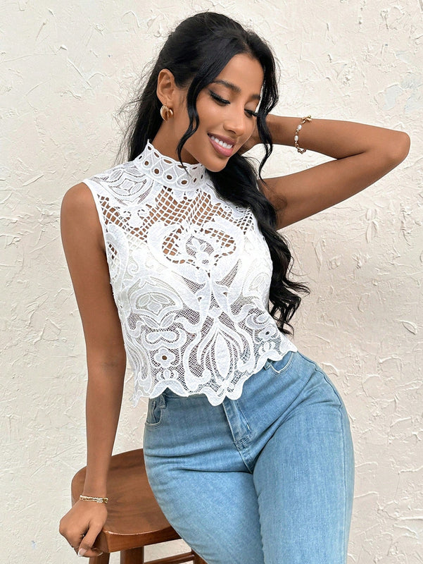 Prive Blusa sin mangas elegante y romantica de encaje transparente estilo INS para mujeres, ideal para vacaciones de verano y citas diarias