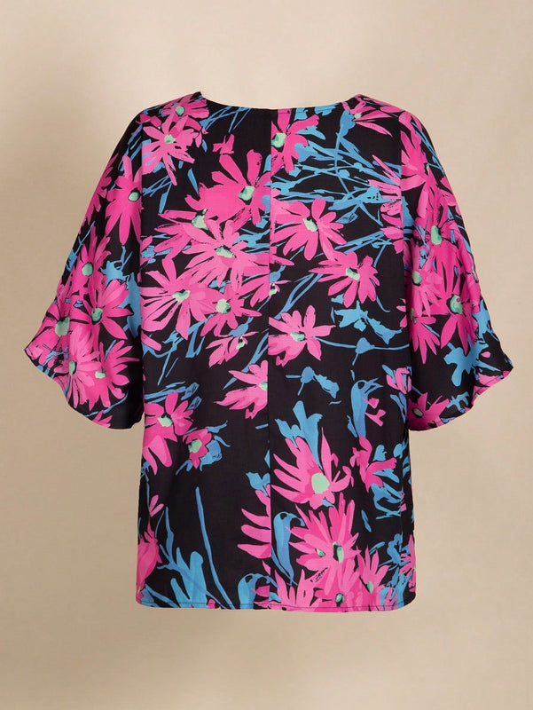 Camisa casual impresa de cuello en V para mujeres con mangas de longitud media y botones